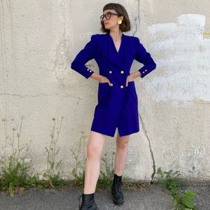 Vintage Blue Double-Breasted Pleated Dress